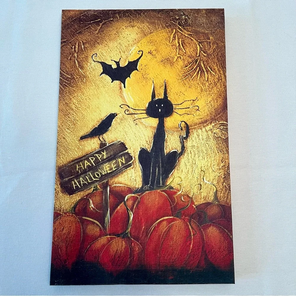 Happy Halloween New Canvas Hanging Wall Picture Art Old Word Spooky Cat Bat Crow